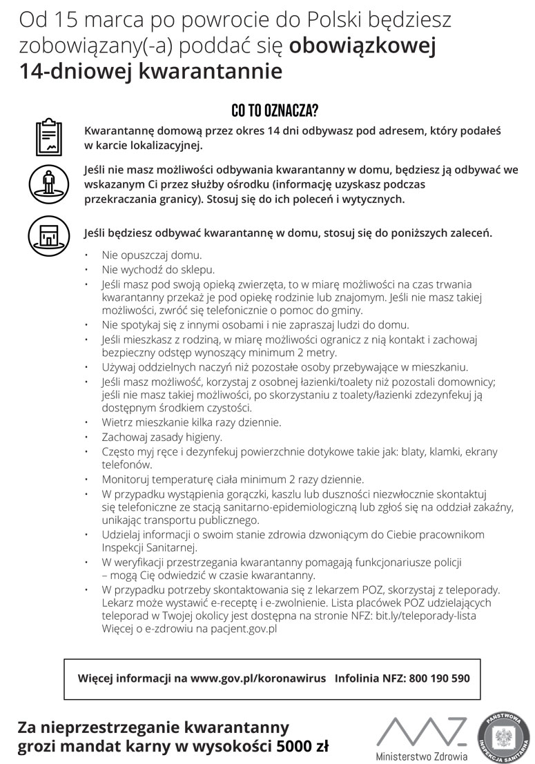 obowiązkowa kwarantanna dla powracających do Polski